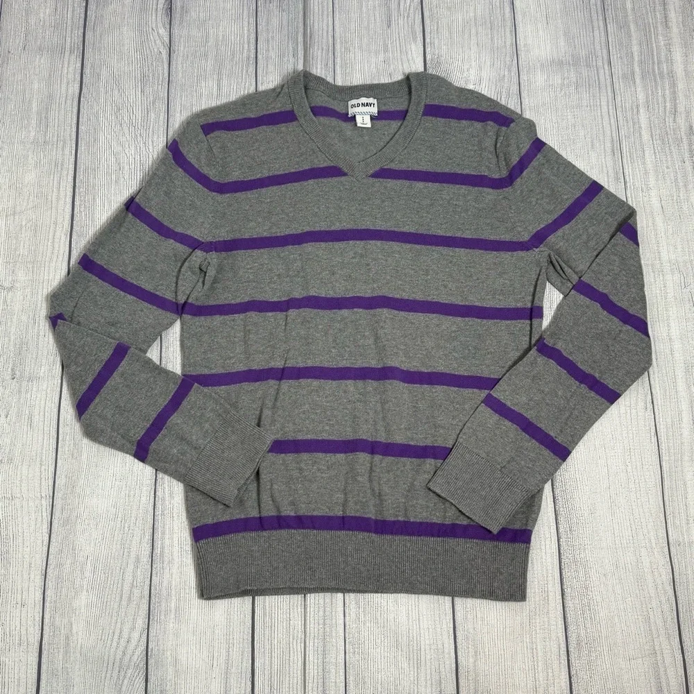 Old Navy boys Gray & Purple Striped V-Neck Sweater Size S 100% Cotton